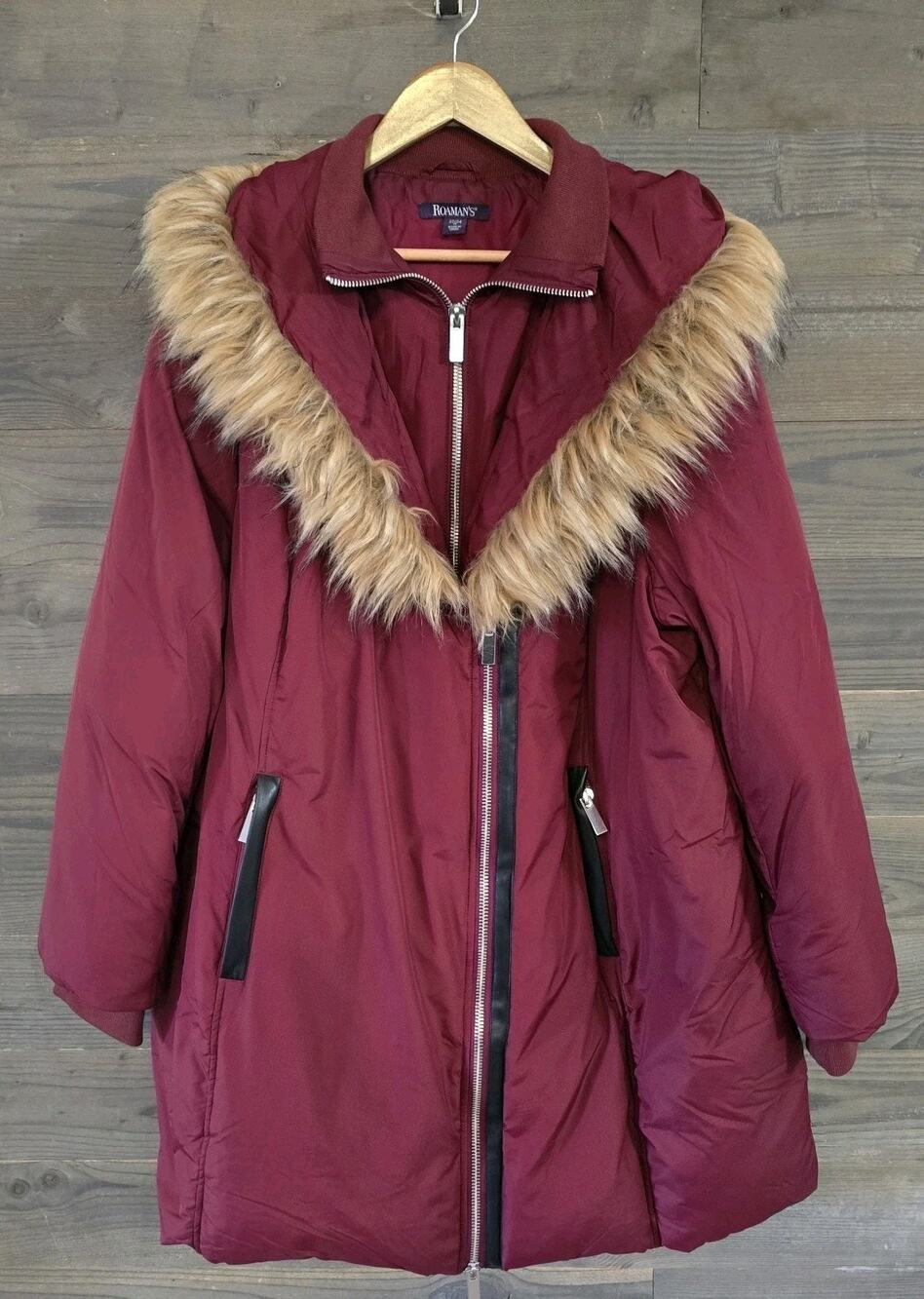Roamans Womens Plus Size 1X Burgundy Faux Fur Hood Puffer Parka Jacket Coat